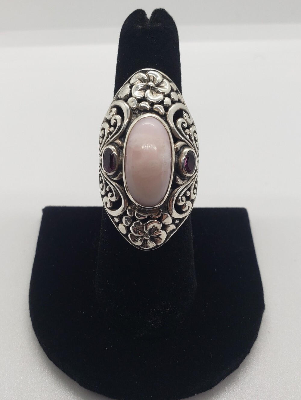 NWOT, Bali Peruvian Pink Opal & Orissa Rhodilite Garnet Ring in Sterling Silver